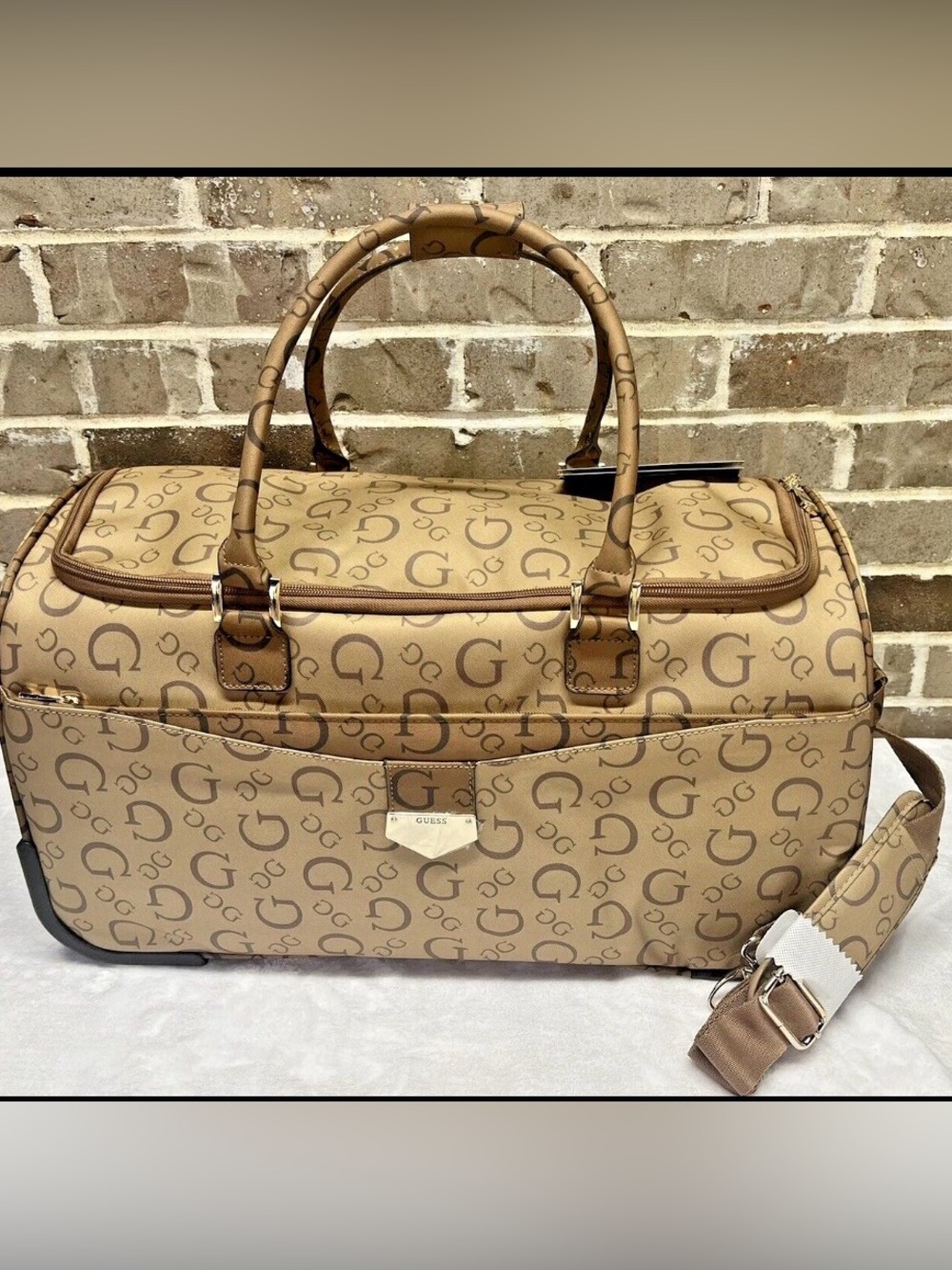 GUESS Beige and Brown Logo Duffel Bag